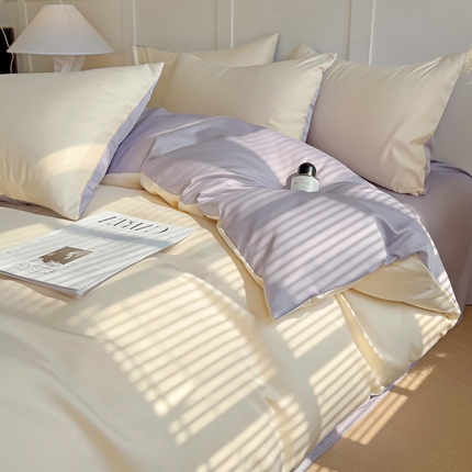 凯洛奇 2025新款简约纯色四件套水洗真丝四件套冰丝四件套 奶昔白+芋泥紫