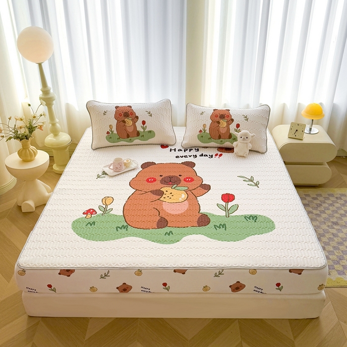 91家纺网 家纺一手货源 找家纺 希廷顿 2025新款大版印花乳胶凉席床笠款三件套 卡皮巴拉