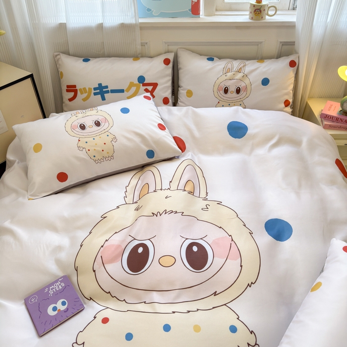 91家纺网 家纺一手货源 找家纺 摩卡（乐趣） 2025新款水洗真丝数码印花卡通兔系列四件套 奶糕兔