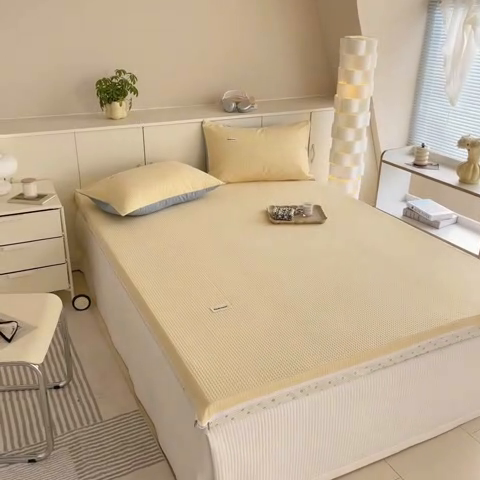 91家纺网 家纺一手货源 找家纺 眠博士 2025新款A类学生床全棉华夫格床垫套 全棉华夫格床垫套 奶黄色