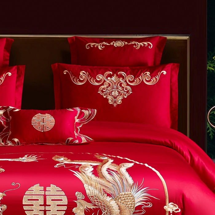 91家纺网 家纺一手货源 找家纺 慕她家纺 慕她婚庆四件套大红色磨毛亲肤棉刺绣结婚工艺款床上用品 吉祥如意