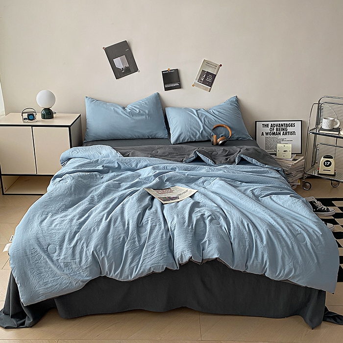 91家纺网 家纺一手货源 找家纺 益多眠 2026新款水洗棉夏被四件套 天蓝+深灰