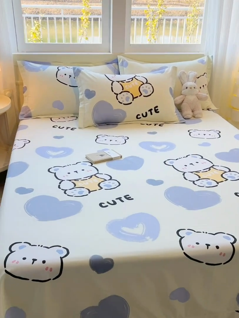 91家纺网 家纺一手货源 找家纺 拾物记 2025新款A类无荧光全喷气全棉12868单床单 爱心熊熊