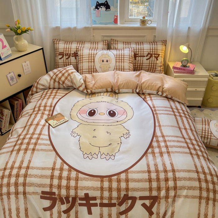 91家纺网 家纺一手货源 找家纺 摩卡（乐趣） 2025新款水洗真丝数码印花卡通兔系列四件套 兔奶糖