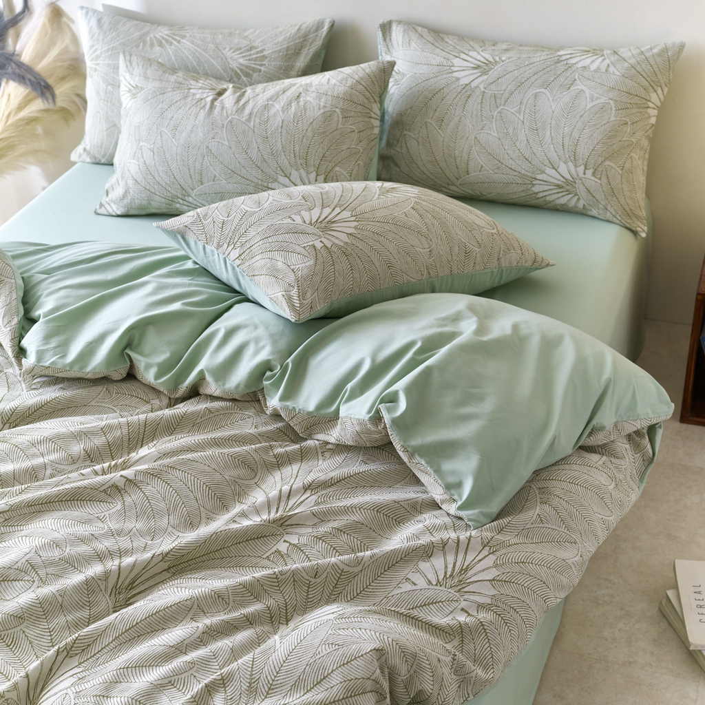 91家纺网 家纺一手货源 找家纺 金丝鸟2025新款全棉纯棉三层纱提花四件套 耶鲁斯绿