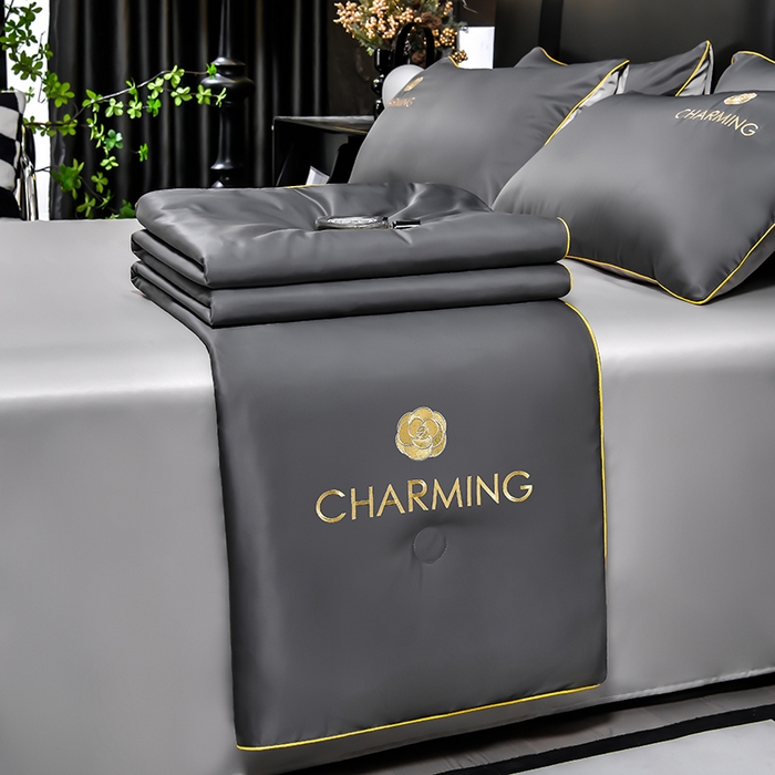 91家纺网 家纺一手货源 找家纺 伊梵居 2025新款水洗真丝刺绣夏被四件套 高级灰+山灰