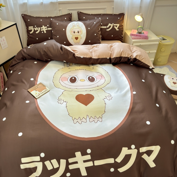 91家纺网 家纺一手货源 找家纺 摩卡（乐趣） 2025新款水洗真丝数码印花卡通兔系列四件套 咖啡兔