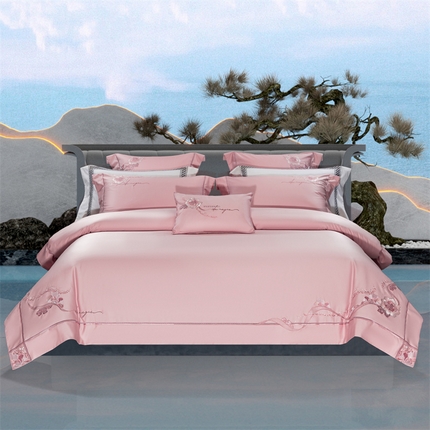 高大尚婚庆馆 2025新款长绒棉高端绣花四件套-罗曼蒂 罗曼蒂落樱粉