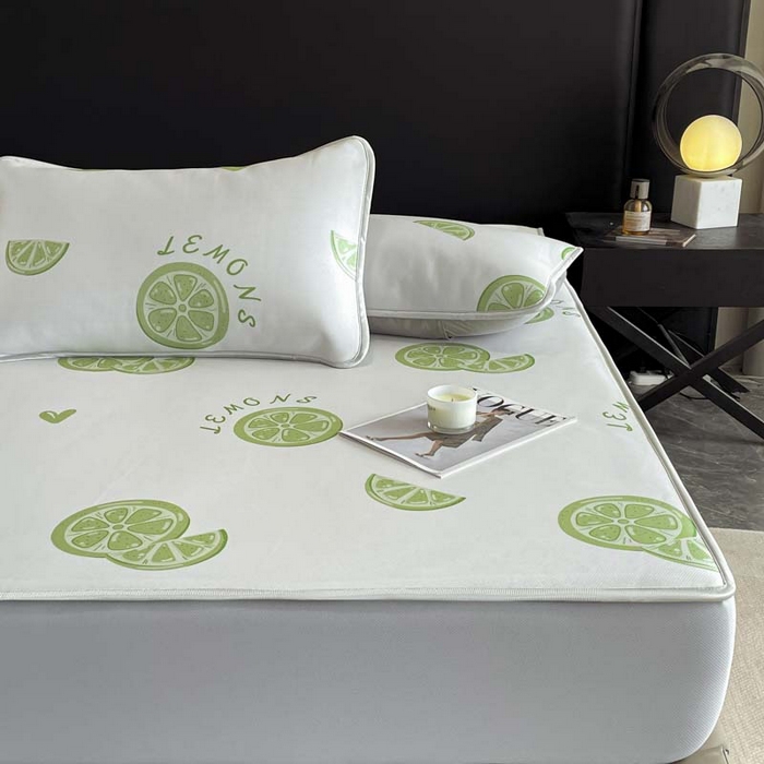 91家纺网 家纺一手货源 找家纺 2025新款印花冰丝凉席反面无纺布 冰丝-床笠款-青柠檬