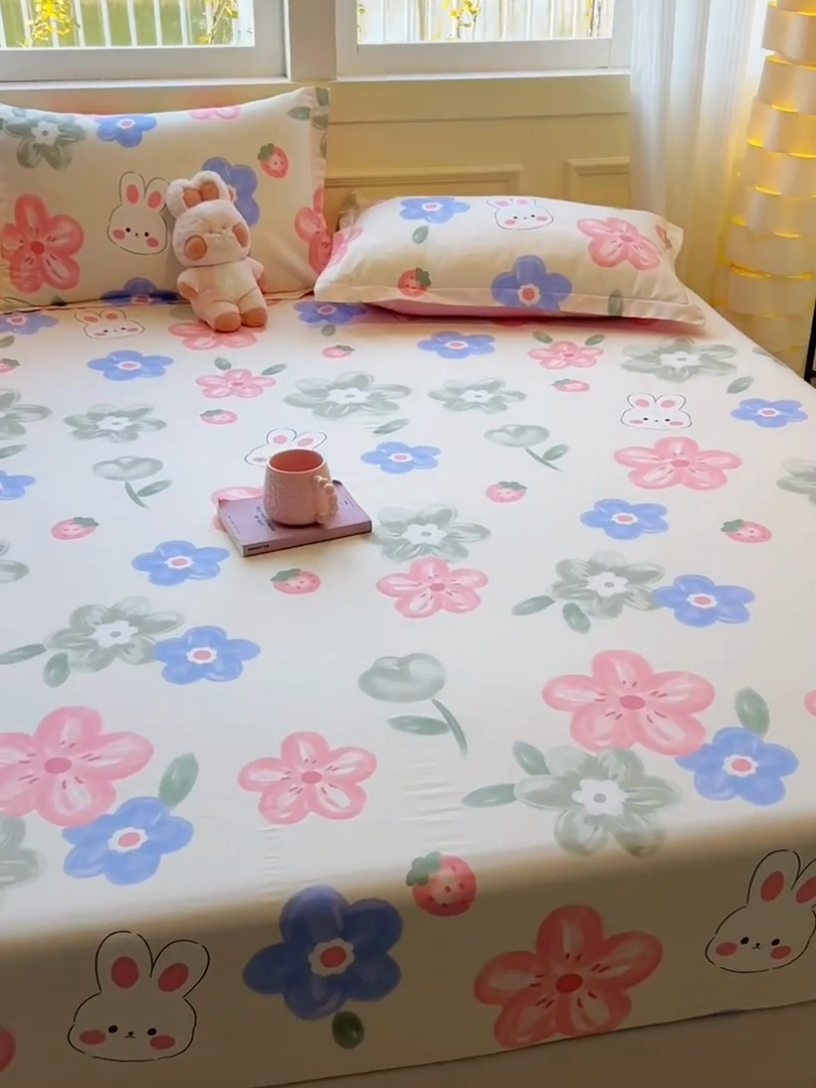 91家纺网 家纺一手货源 找家纺 拾物记 2025新款A类无荧光全喷气全棉12868单床笠 花间小兔