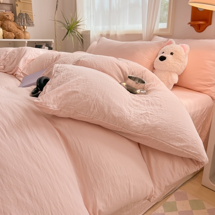 91家纺网 家纺一手货源 找家纺 韩巢家纺 2025新款ins日式风超柔水洗棉四件套 -纯色（提供卖家秀） 水洗棉浅粉