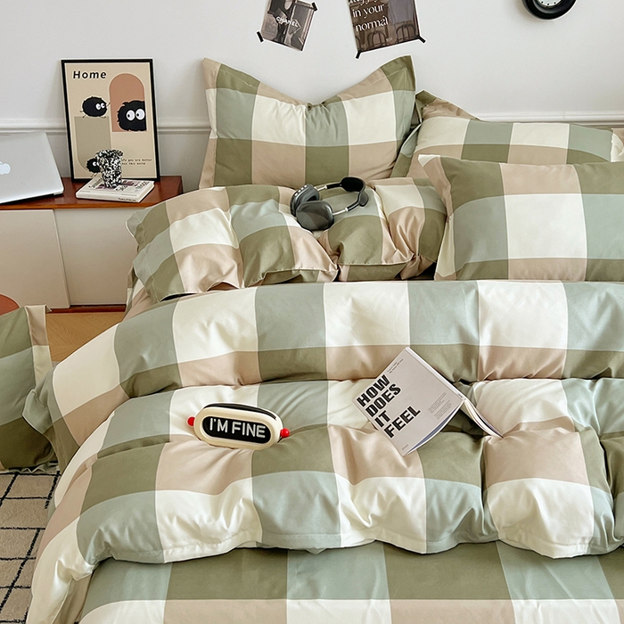 91家纺网 家纺一手货源 找家纺 罗菲尼酒店用品 2025新款磨毛亲肤飞边款四件套 简约绿格