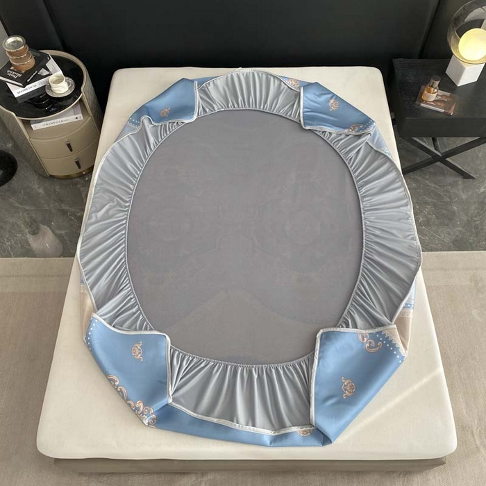 91家纺网 家纺一手货源 找家纺 2025新款印花冰丝凉席反面无纺布 冰丝-床笠款-雅典蓝