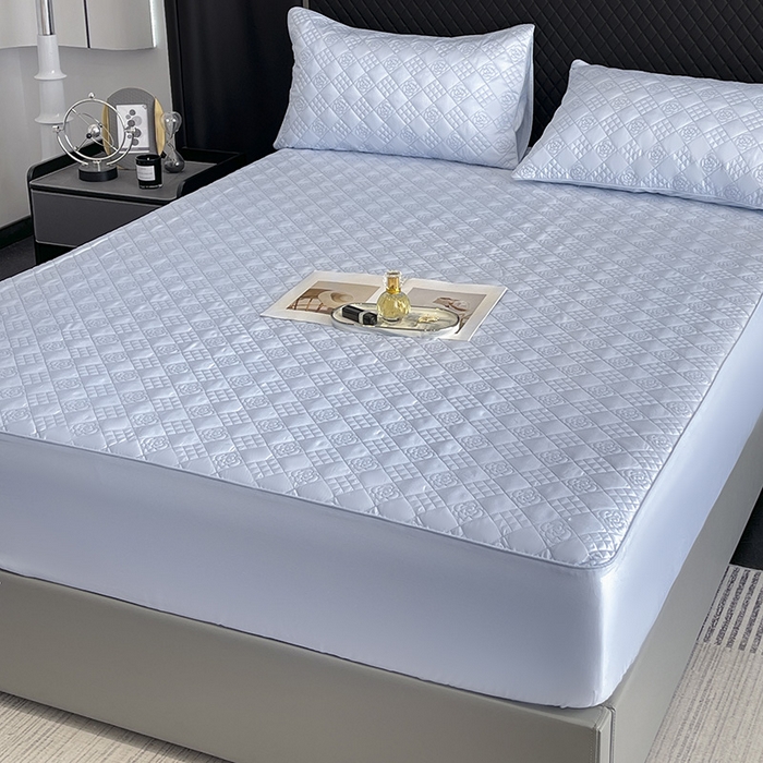 91家纺网 家纺一手货源 找家纺 春夏A类长绒棉夹棉床盖床笠四件套全棉纯棉纯色绗绣四季款保护罩高级感床上用品 茉婉-慕蓝