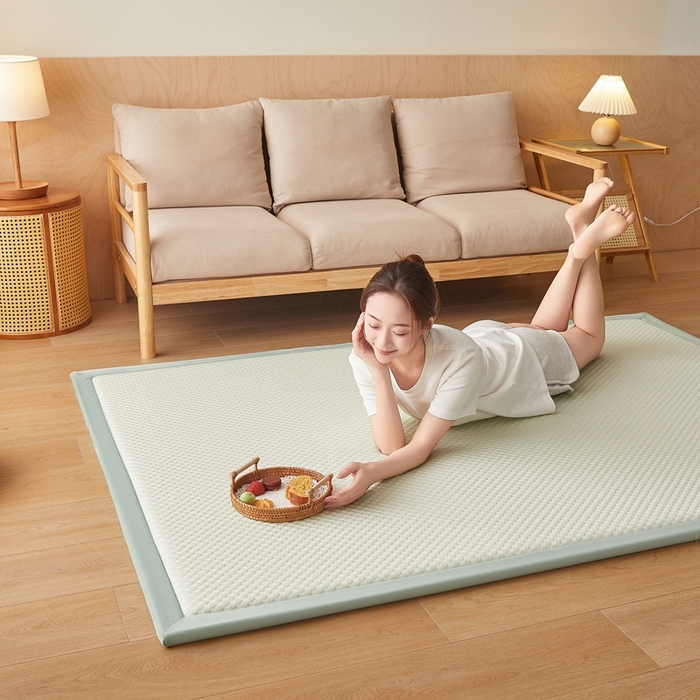 91家纺网 家纺一手货源 找家纺 阿亮家居 2025新款包边工艺凉感冰藤地铺睡垫系列凉席地垫 凉豆豆绿