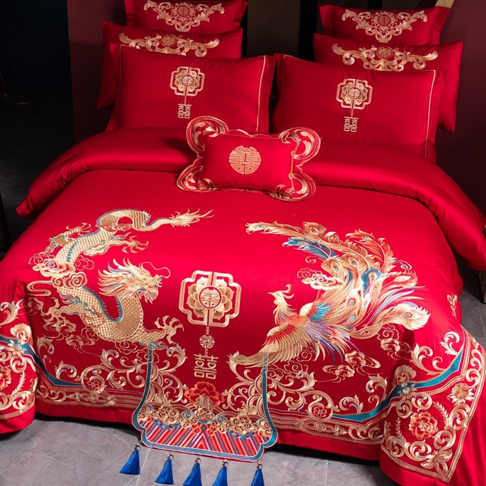 91家纺网 家纺一手货源 找家纺 慕她家纺 慕她婚庆四件套大红色磨毛亲肤棉刺绣结婚工艺款床上用品 挚恋龙凤