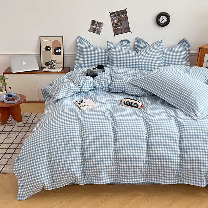 91家纺网 家纺一手货源 找家纺 罗菲尼酒店用品 2025新款磨毛亲肤飞边款四件套 蓝小格