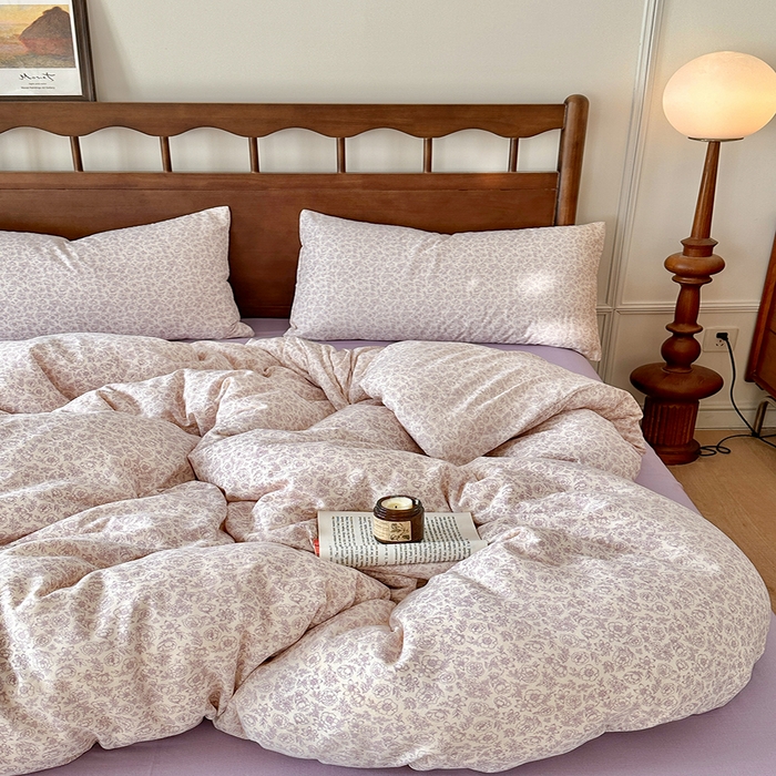 91家纺网 家纺一手货源 找家纺 吉象2025新款全棉双层纱四件套 蔷薇花露-紫