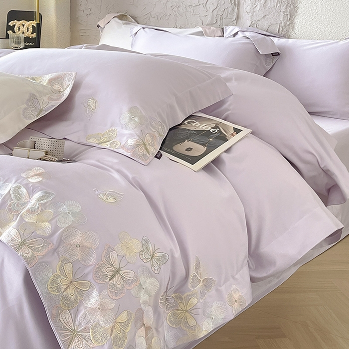 91家纺网 家纺一手货源 找家纺 春夏A类长绒棉夹棉床盖床笠四件套全棉纯棉纯色绗绣四季款保护罩高级感床上用品 茉婉-黛紫