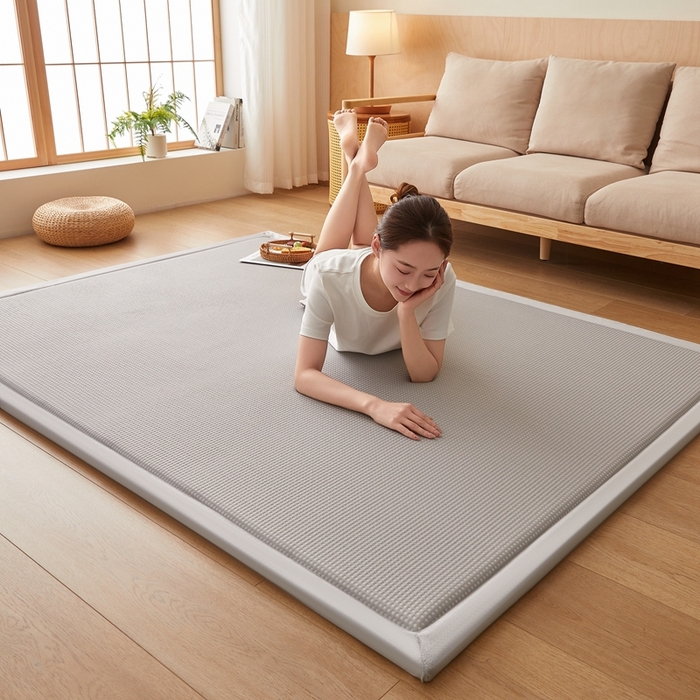 91家纺网 家纺一手货源 找家纺 阿亮家居 2025新款包边工艺凉感冰藤地铺睡垫系列凉席地垫 华夫格灰