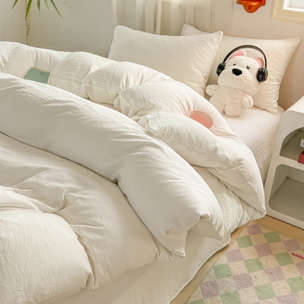 91家纺网 家纺一手货源 找家纺 韩巢家纺 2025新款ins日式风超柔水洗棉四件套 -纯色（提供卖家秀） 水洗棉奶白