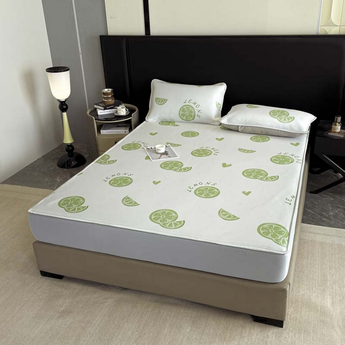 91家纺网 家纺一手货源 找家纺 2025新款印花冰丝凉席反面无纺布 冰丝-床笠款-青柠檬