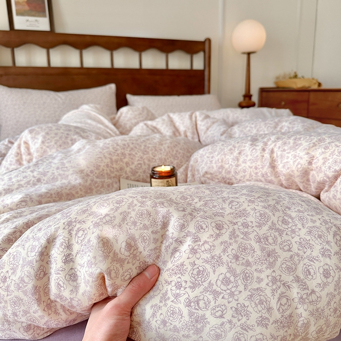 91家纺网 家纺一手货源 找家纺 吉象2025新款全棉双层纱四件套 蔷薇花露-紫