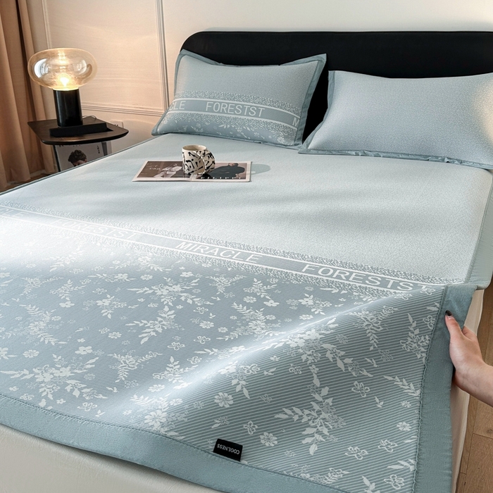 91家纺网 家纺一手货源 找家纺 慕尚家纺 2025春夏新款凉感冰丝提花凉席三件套 海棠 蓝