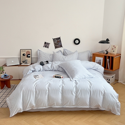 罗菲尼酒店用品 2025新款磨毛亲肤飞边款四件套 蓝白小格