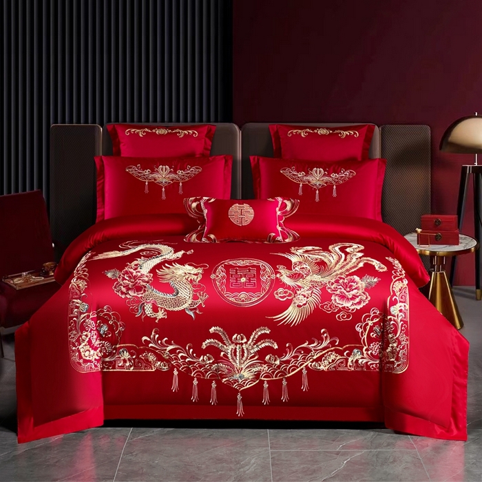 91家纺网 家纺一手货源 找家纺 慕她家纺 慕她婚庆四件套大红色磨毛亲肤棉刺绣结婚工艺款床上用品 幸福龙凤