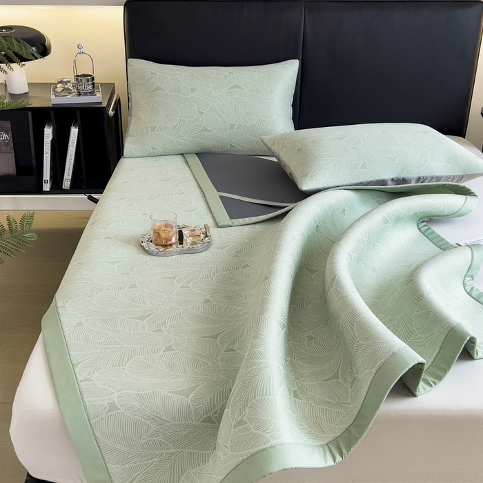 91家纺网 家纺一手货源 找家纺 慕尚家纺 2025春夏新款凉感冰丝提花凉席三件套 提花席 树叶绿