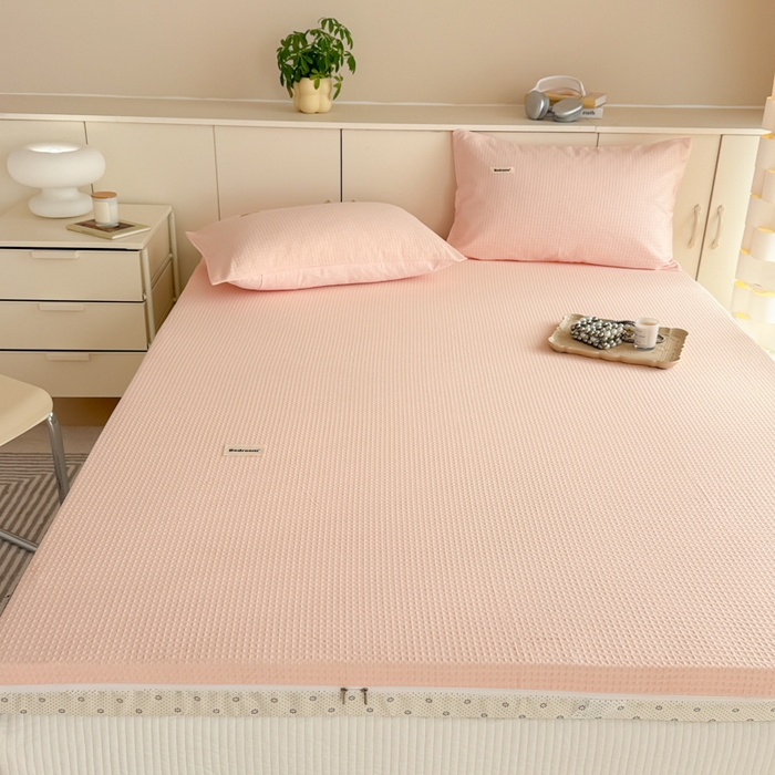 91家纺网 家纺一手货源 找家纺 眠博士 2025新款A类学生床全棉华夫格床垫套 全棉华夫格床垫套 嫩玉粉