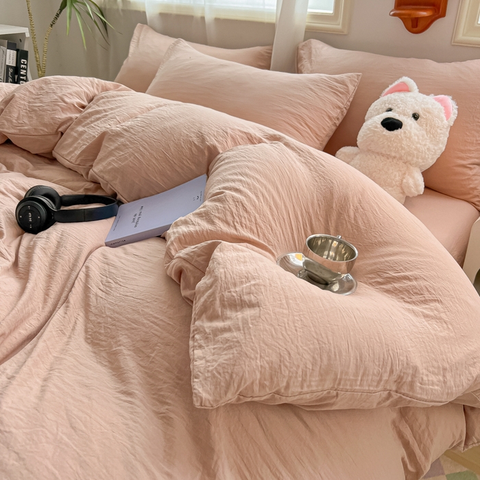 91家纺网 家纺一手货源 找家纺 韩巢家纺 2025新款ins日式风超柔水洗棉四件套 -纯色（提供卖家秀） 水洗棉奶咖