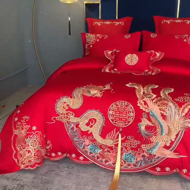 91家纺网 家纺一手货源 找家纺 慕她家纺 慕她婚庆四件套大红色磨毛亲肤棉刺绣结婚工艺款床上用品 龙凤情缘