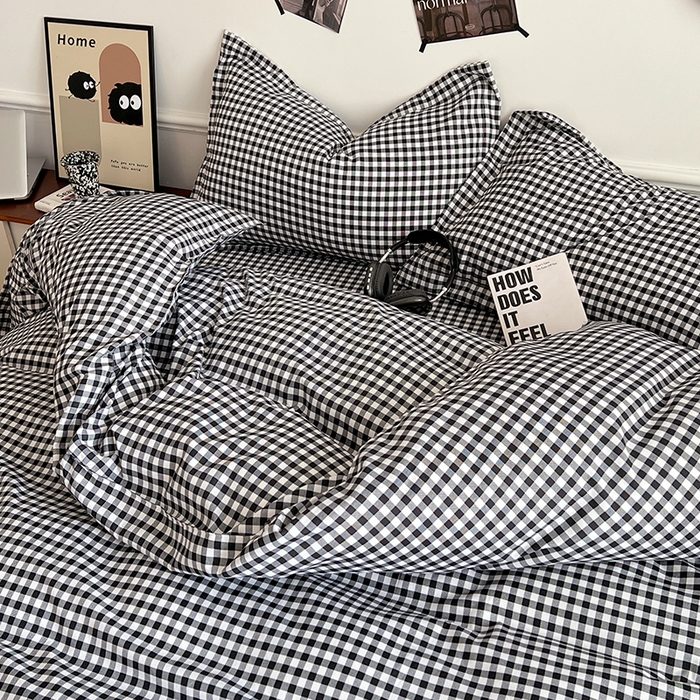 91家纺网 家纺一手货源 找家纺 罗菲尼酒店用品 2025新款磨毛亲肤飞边款四件套 黑白格