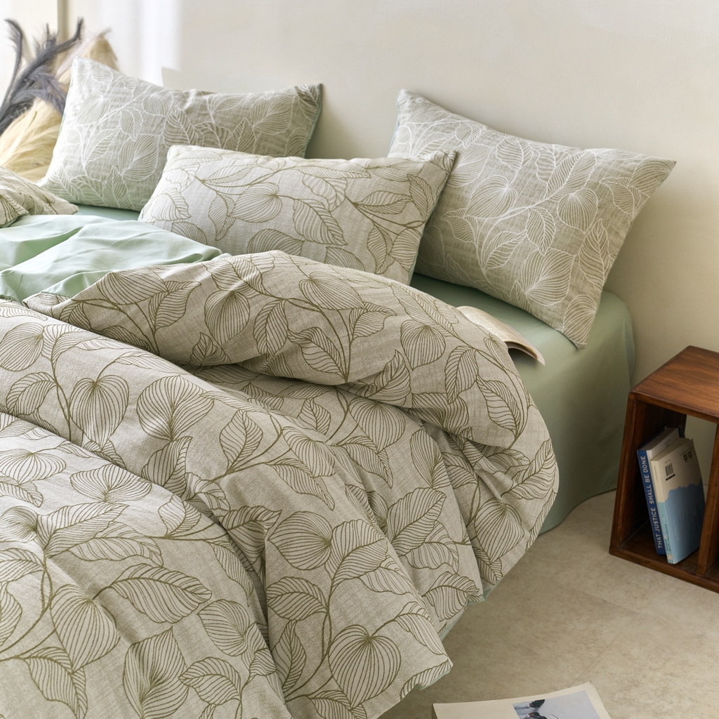 91家纺网 家纺一手货源 找家纺 金丝鸟2025新款全棉纯棉三层纱提花四件套 小叶雨林 绿