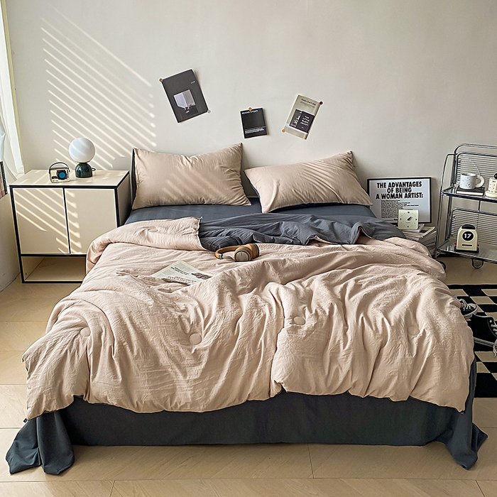 91家纺网 家纺一手货源 找家纺 益多眠 2026新款水洗棉夏被四件套 奶茶+深灰