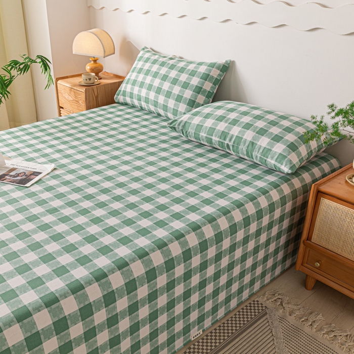 91家纺网 家纺一手货源 找家纺 阿亮家居 2025新款原棉老粗布床单系列 拼图-绿白格