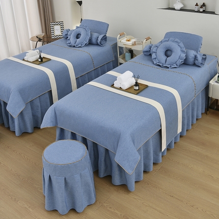 芙怡 2025春夏新款8029款A棉麻B全棉美容床罩四件套-时光系列 时光-蓝