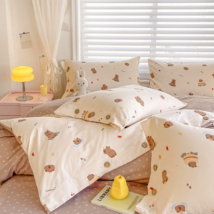 91家纺网 家纺一手货源 找家纺 星窝家纺 2025新款纽扣款水洗棉印花四件套 嘟嘟熊