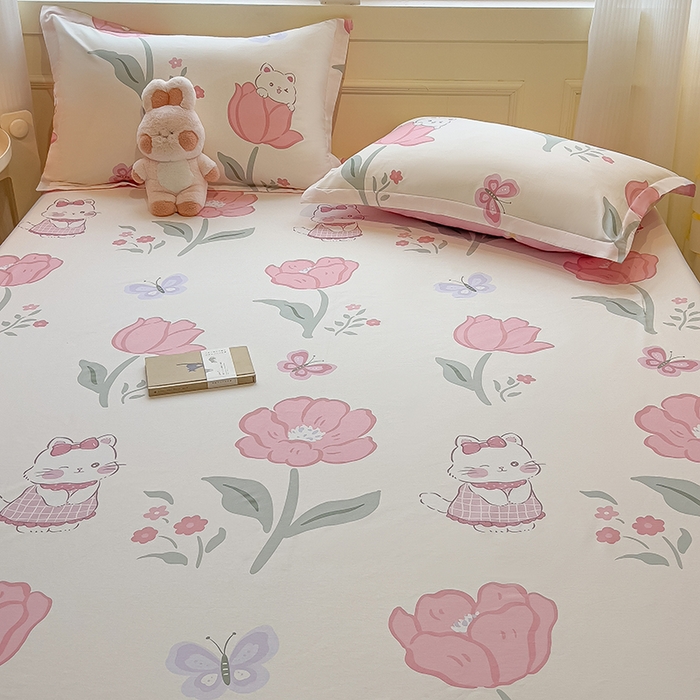 91家纺网 家纺一手货源 找家纺 拾物记 2025新款A类无荧光全喷气全棉12868单床单 花欣猫趣-粉