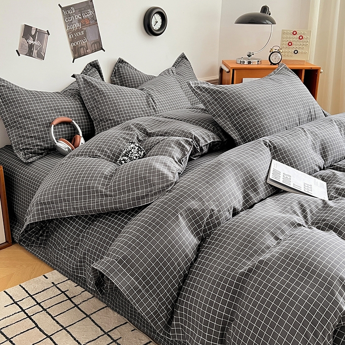 91家纺网 家纺一手货源 找家纺 罗菲尼酒店用品 2025新款磨毛亲肤飞边款四件套 黑小格