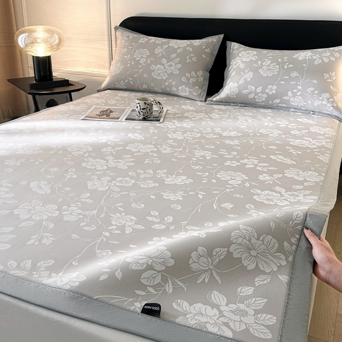 91家纺网 家纺一手货源 找家纺 慕尚家纺 2025春夏新款凉感冰丝提花凉席三件套 花语 灰