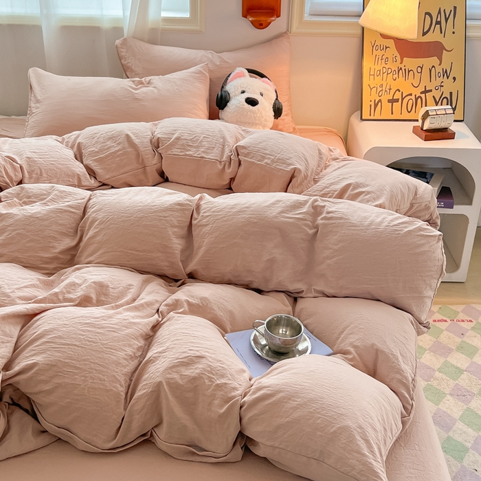 91家纺网 家纺一手货源 找家纺 韩巢家纺 2025新款ins日式风超柔水洗棉四件套 -纯色（提供卖家秀） 水洗棉奶咖