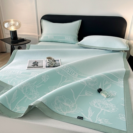 慕尚家纺 2025春夏新款凉感冰丝提花凉席三件套 水仙 绿