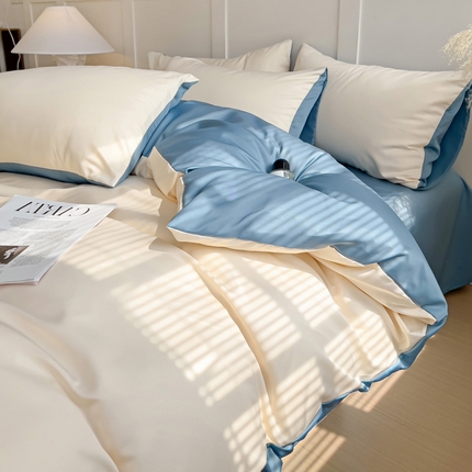 凯洛奇 2025新款简约纯色四件套水洗真丝四件套冰丝四件套 奶昔白+海洋蓝