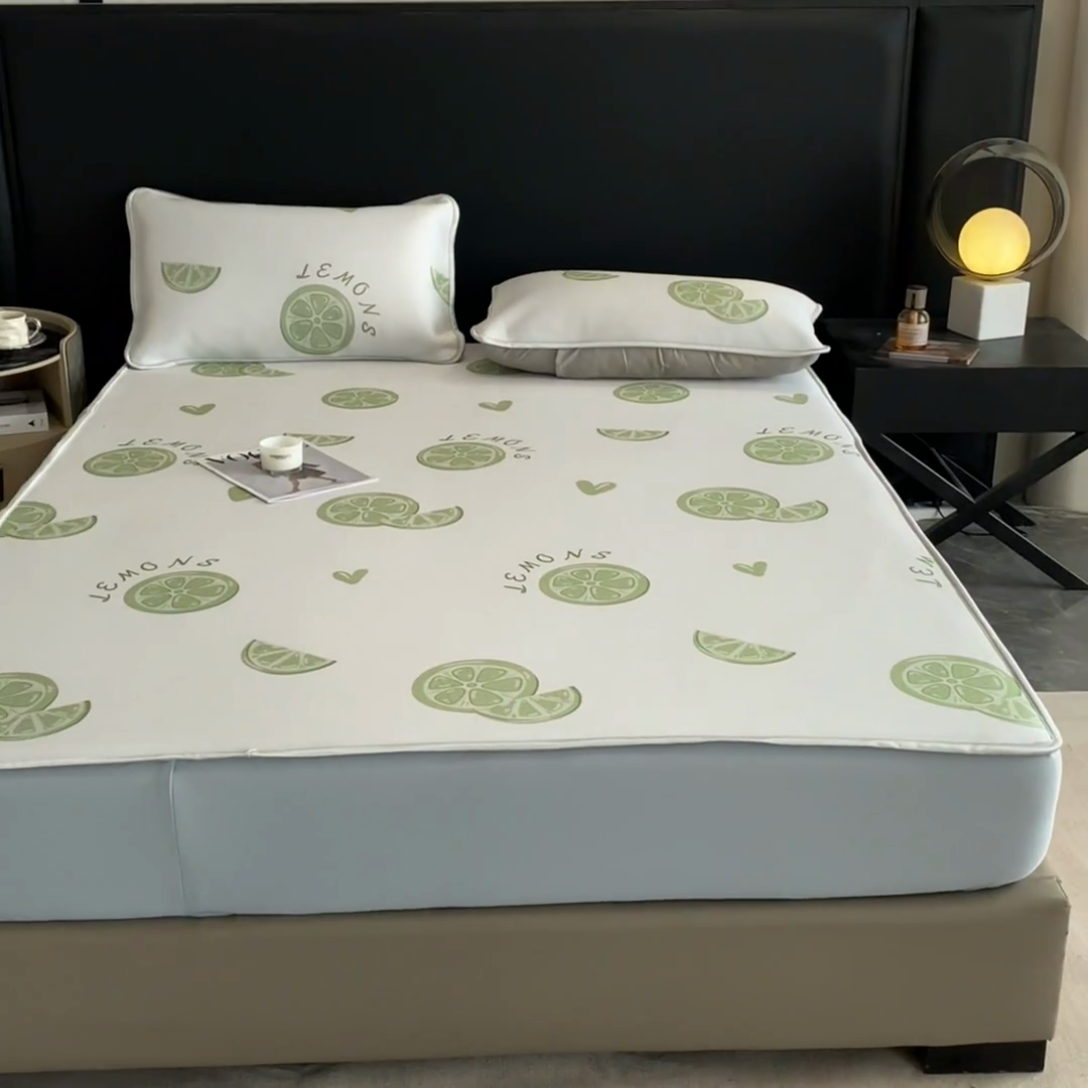 91家纺网 家纺一手货源 找家纺 2025新款印花冰丝凉席反面无纺布 冰丝-床笠款-青柠檬