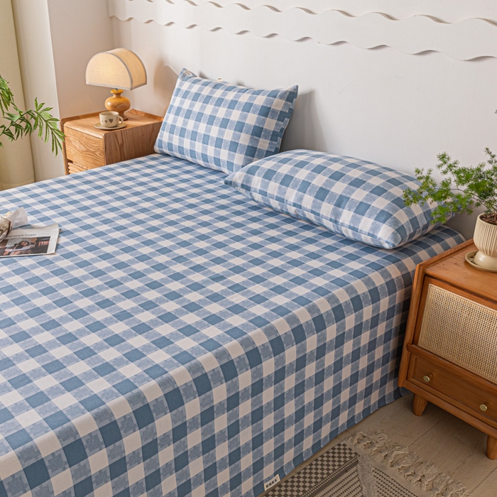 91家纺网 家纺一手货源 找家纺 阿亮家居 2025新款原棉老粗布床单系列 拼图-蓝白格