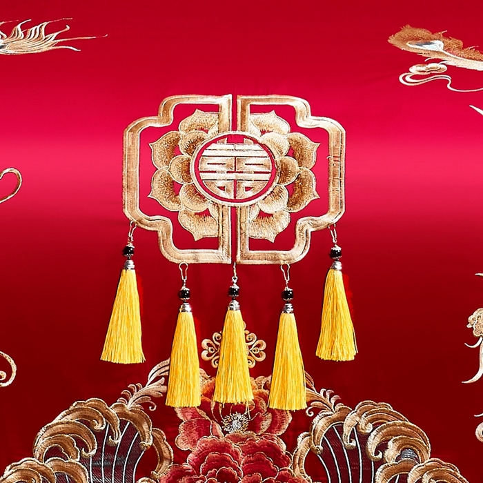 91家纺网 家纺一手货源 找家纺 慕她家纺 慕她婚庆四件套大红色磨毛亲肤棉刺绣结婚工艺款床上用品 龙凤喝彩