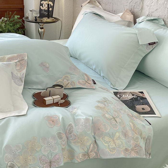 91家纺网 家纺一手货源 找家纺 春夏A类长绒棉夹棉床盖床笠四件套全棉纯棉纯色绗绣四季款保护罩高级感床上用品 茉婉-茶绿
